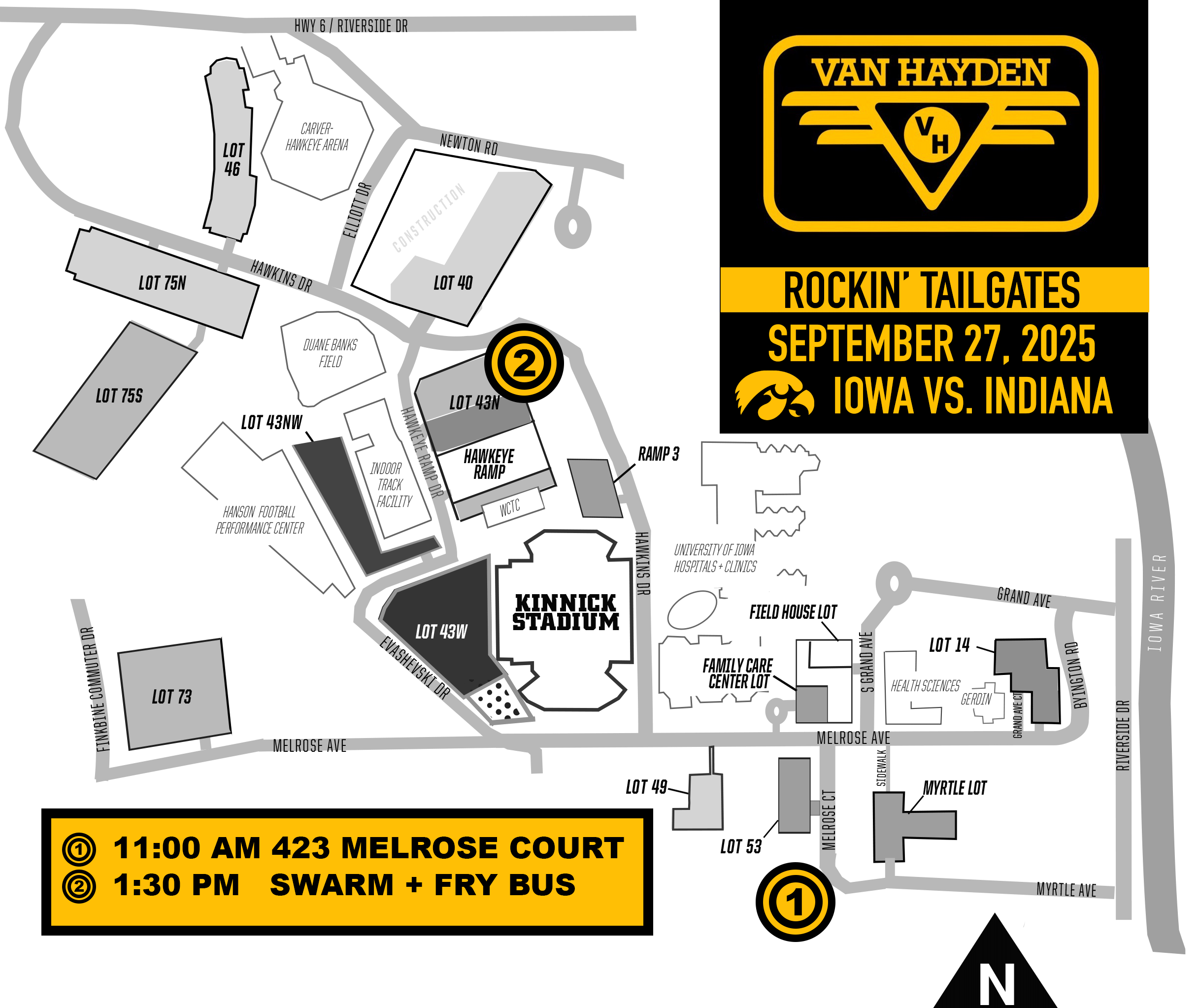 Map of Van Hayden tour stops for the Indiana vs. Iowa Homecoming football game Saturday, September 27, 2025.