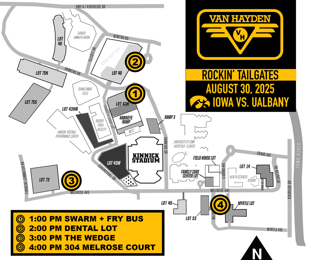 Map of Van Hayden tour stops for the UAlbany vs. Iowa football game Saturday, August 30, 2025.