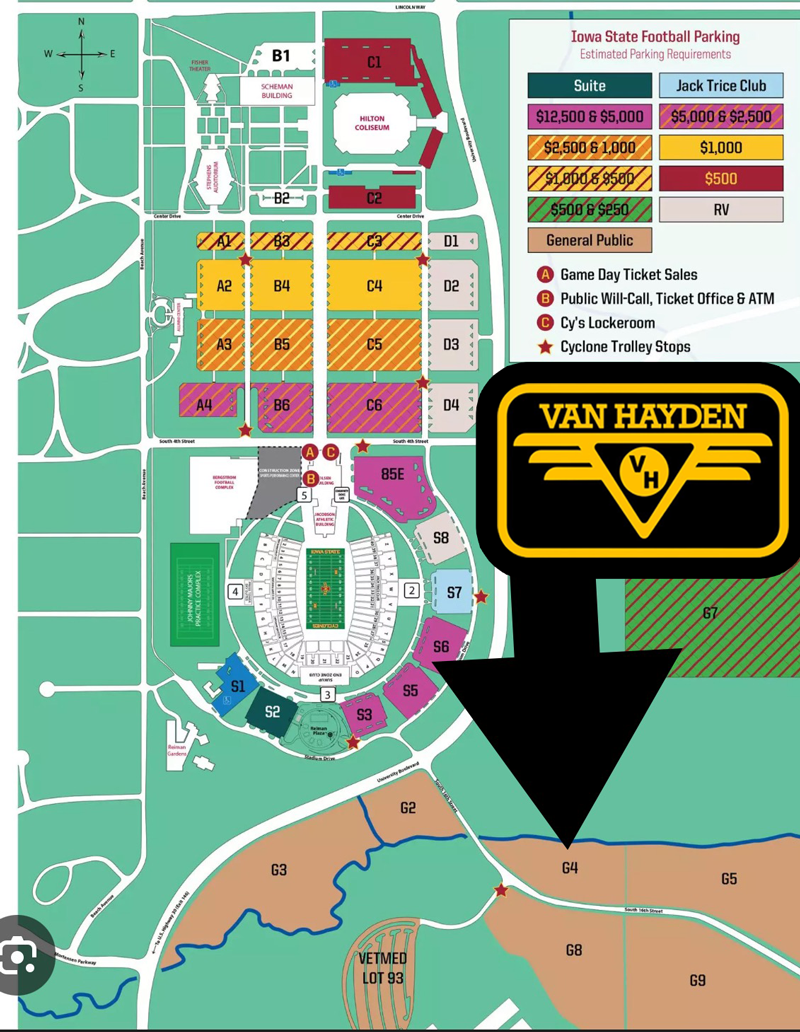 Map of Van Hayden in Ames, Iowa for the Iowa vs. Iowa State football game on Saturday, September 6, 2025. We will be in parking lot G4.