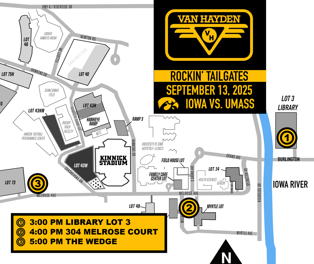 Map of Van Hayden tour stops for the Iowa vs. UMass football game on Saturday, September 13, 2025