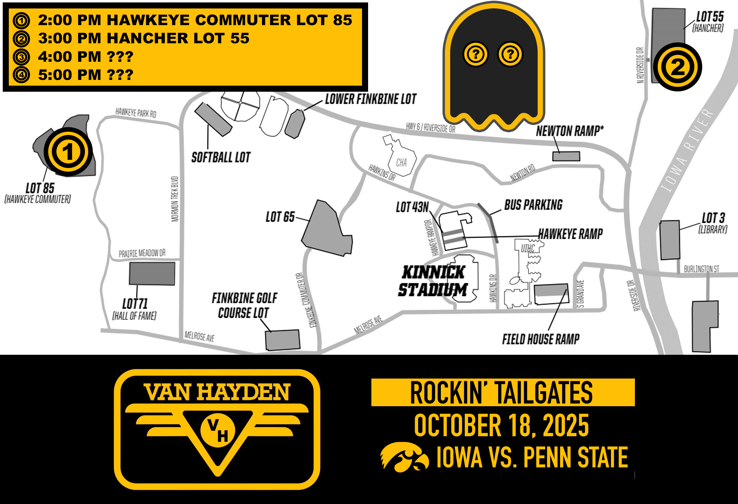 Map of Van Hayden tour stops for the Iowa vs. Penn State football game on Saturday, October 18, 2025